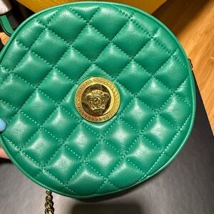 Emerald Green Versace 1002866 quilted leather crossbody with gold medusa logo